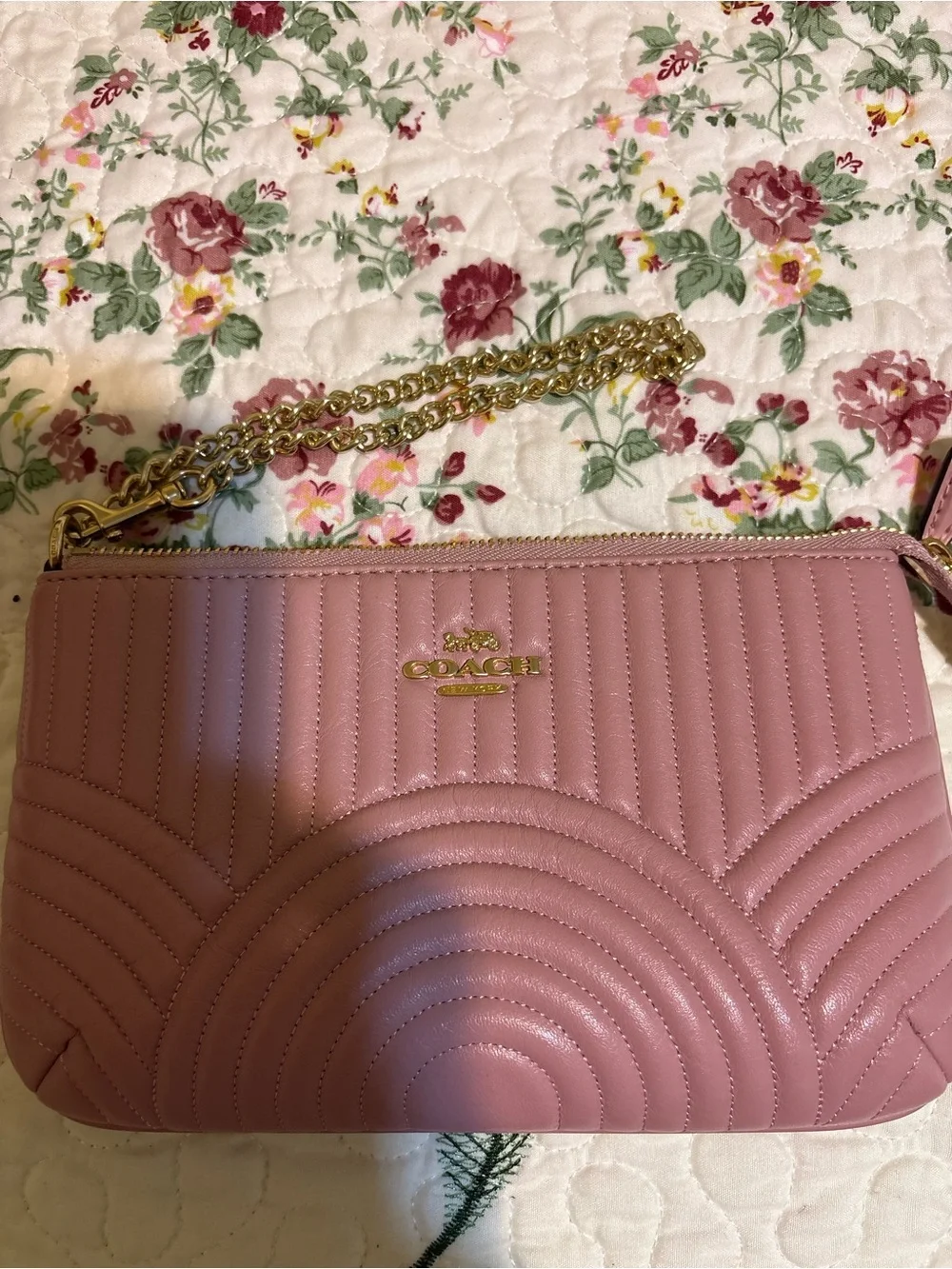 Coach Quilted Leather Crossbody Bag in Dusty Rose with Gold Chain